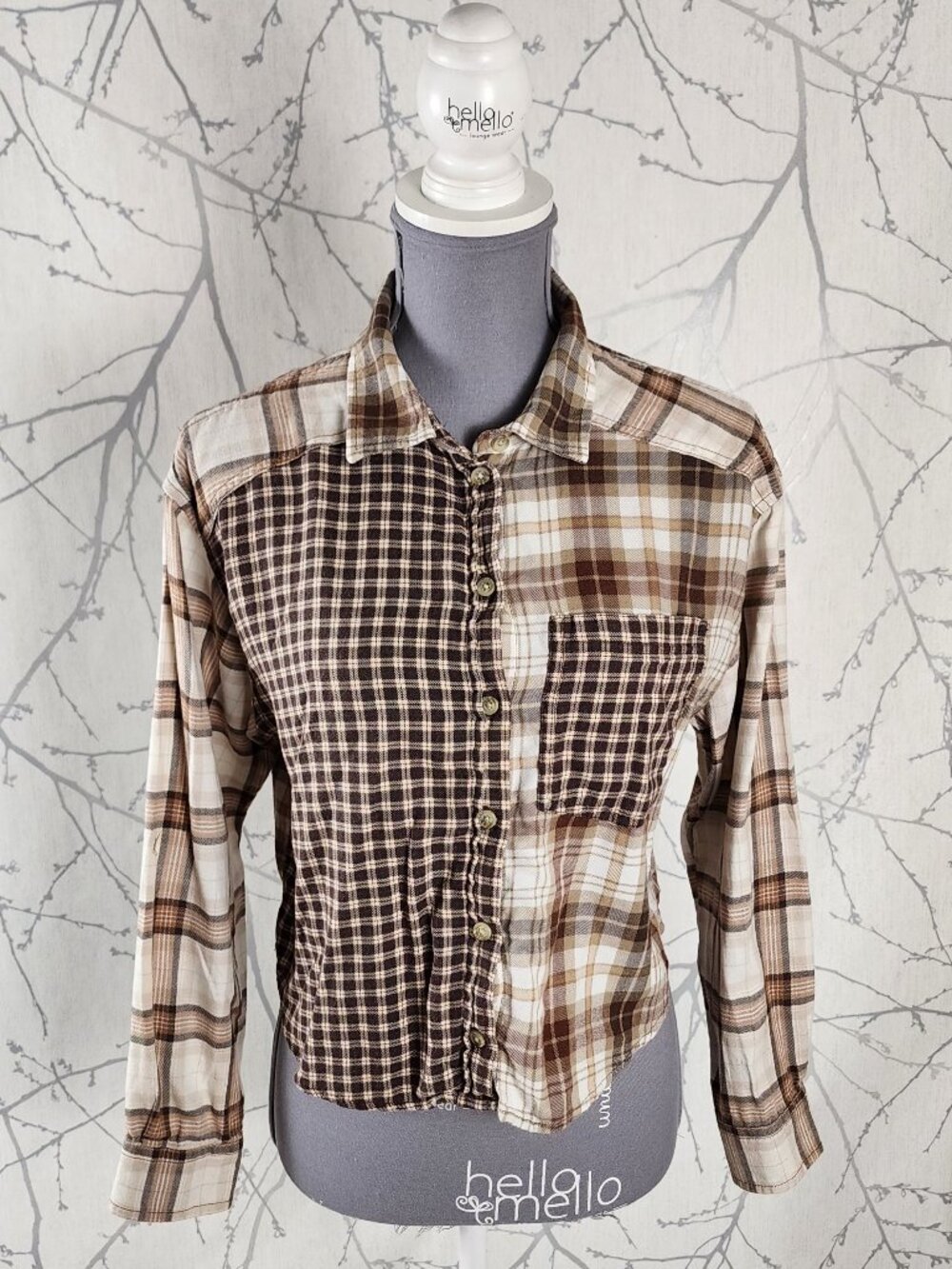 American Eagle Beige Plaid Patchwork Boxy Fit Flannel Shirt